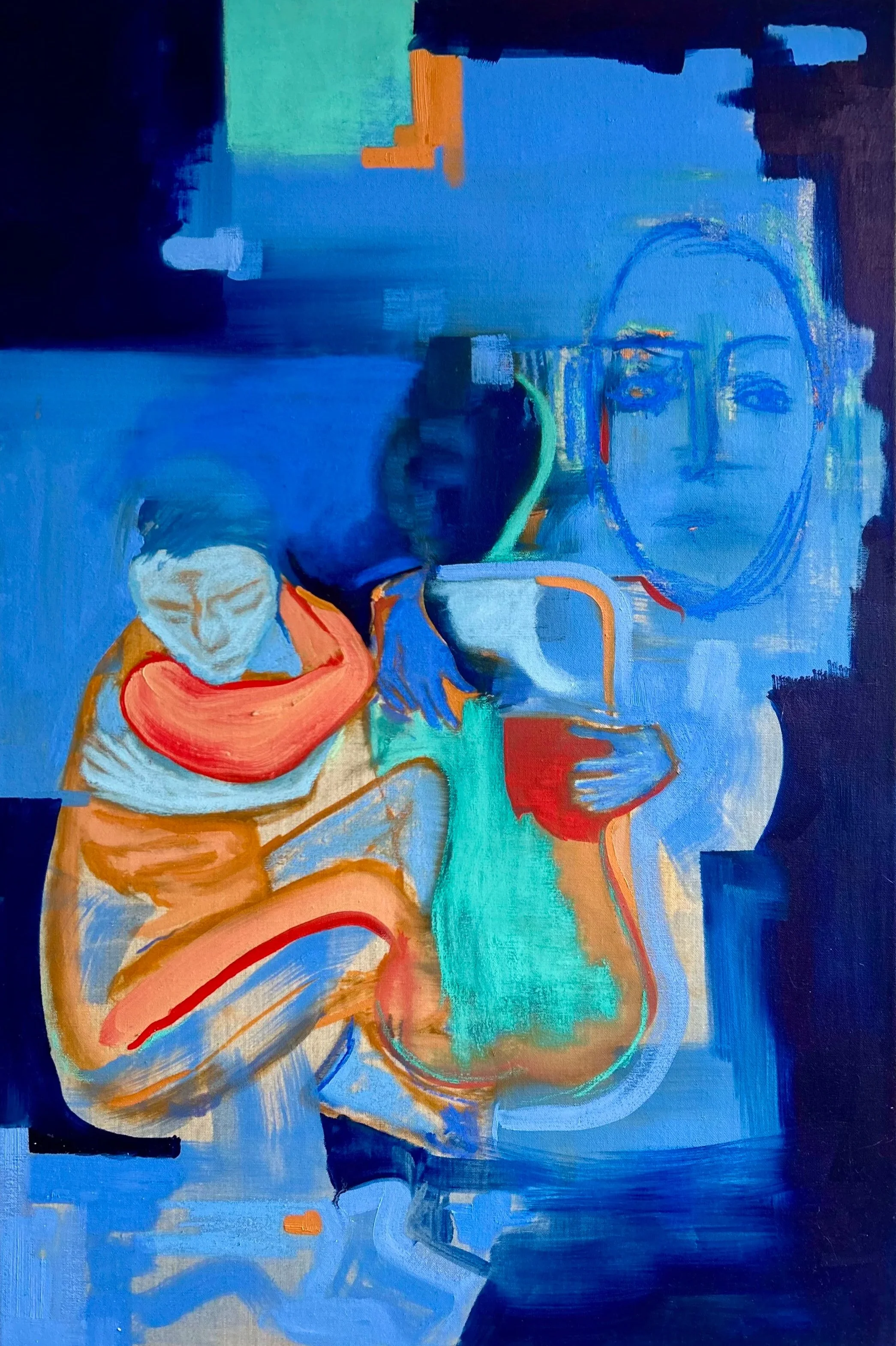 An expert in her moods and colours, 90 x 50 cm, oil, charcoal, oil stick and chalk on linen
