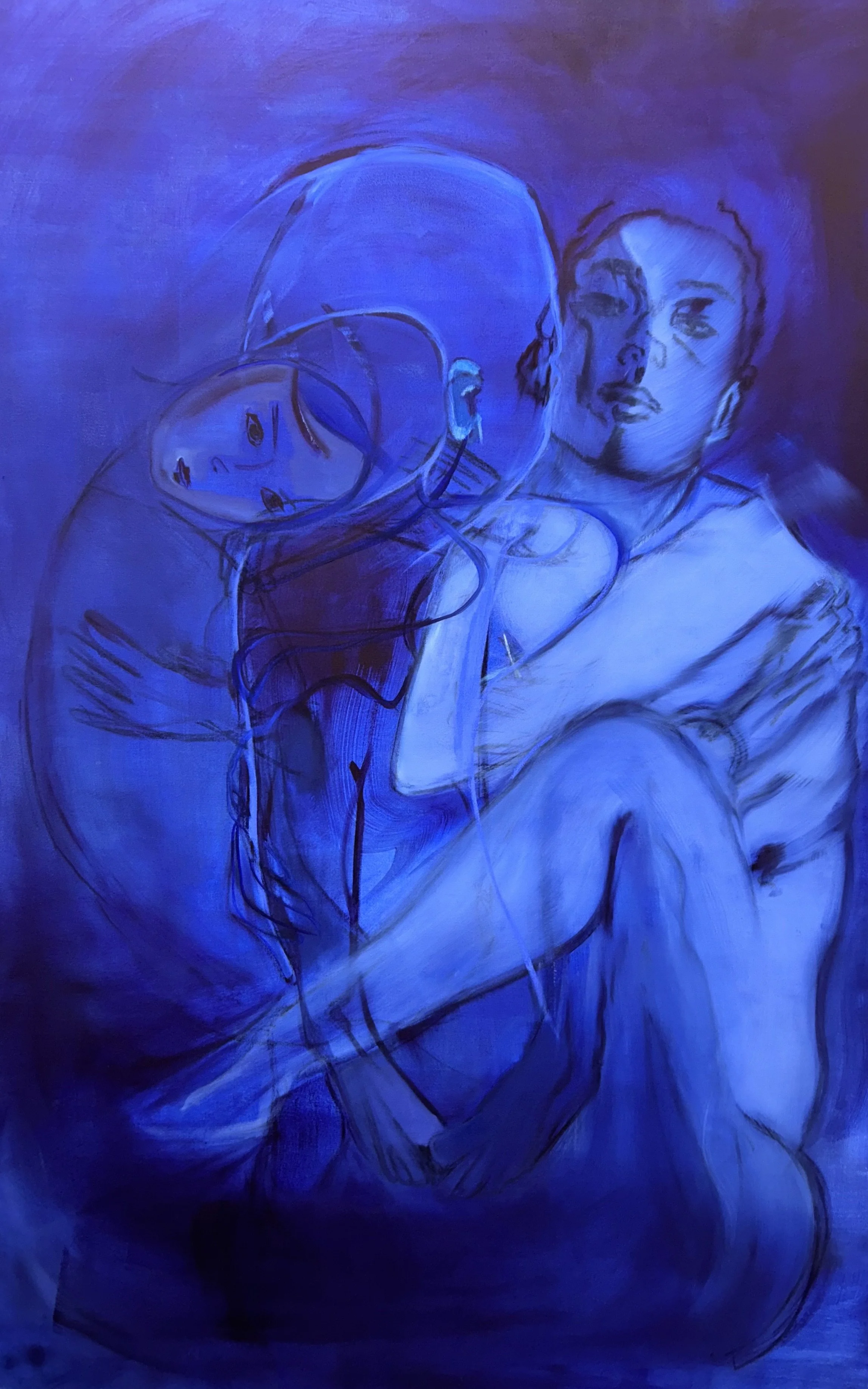 'Somewhere inside of me I will always be the person I am tonight', 2025, oil, charcoal, oil stick and chalk on canvas