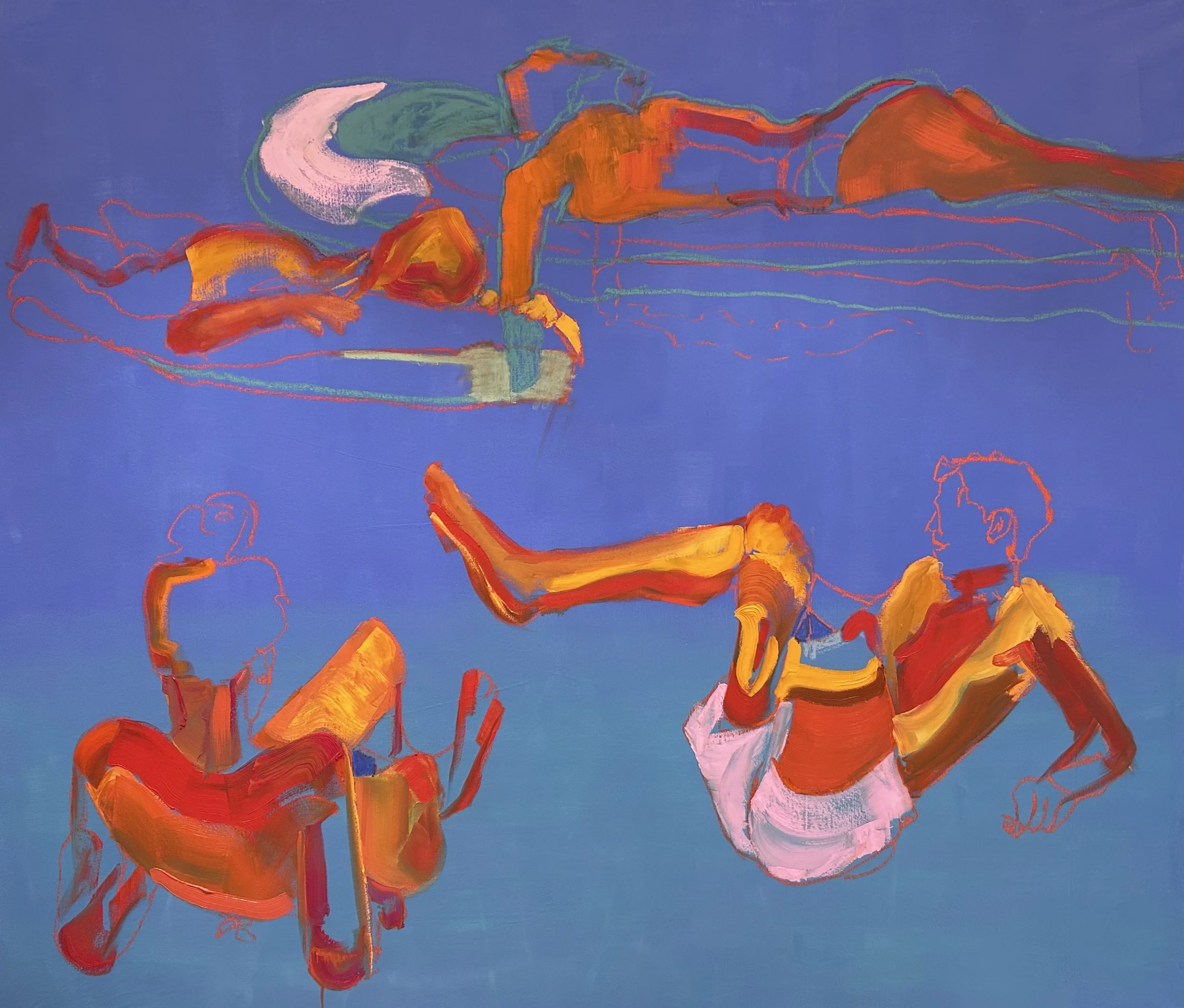 'Lounging dancers', 2025, oil and chalk on canvas, 200x250cm