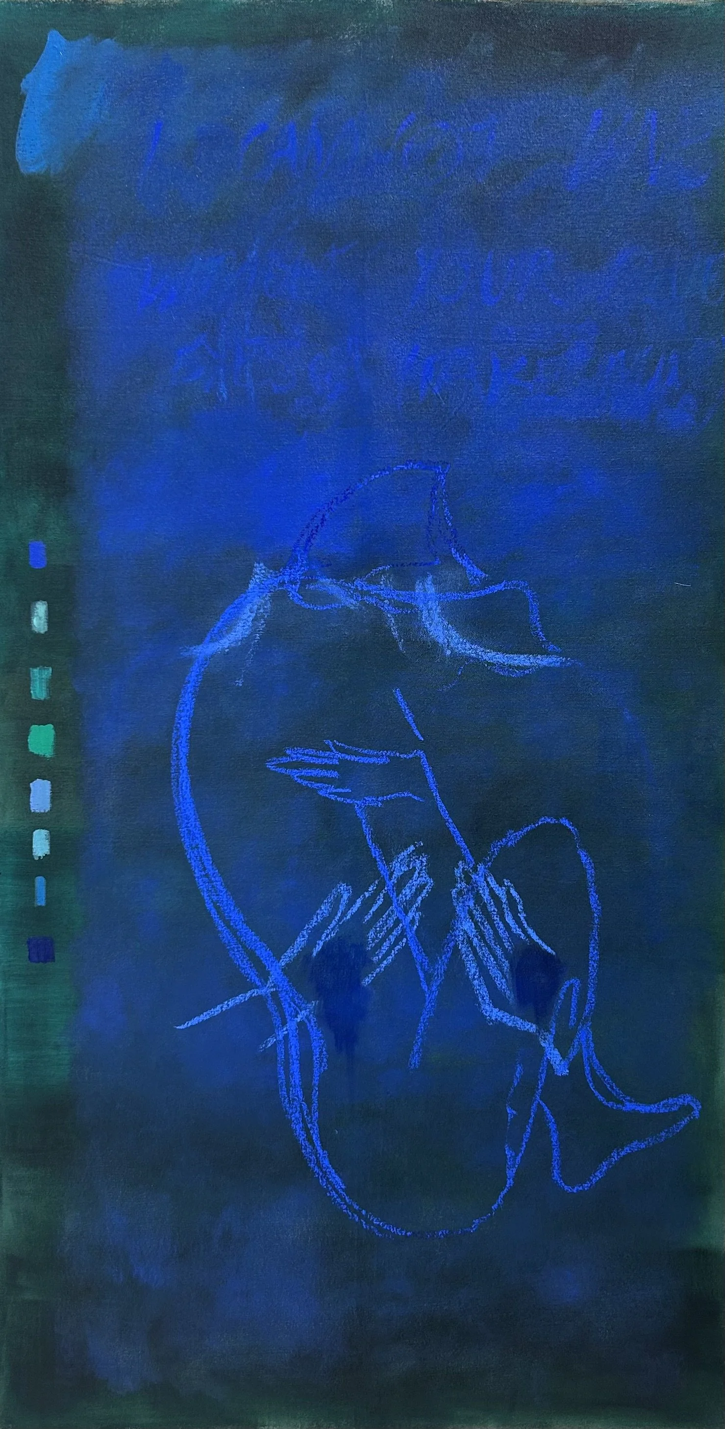 'I cannot live without your blue eyes, take mine', 2026, oil and chalk on canvas, 61x117cm