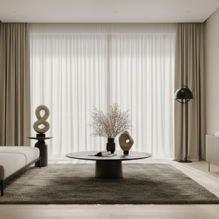 Minimalist living room with large window covered by sheer curtains, black floor lamp, round coffee table with decorative objects and a neutral rug.