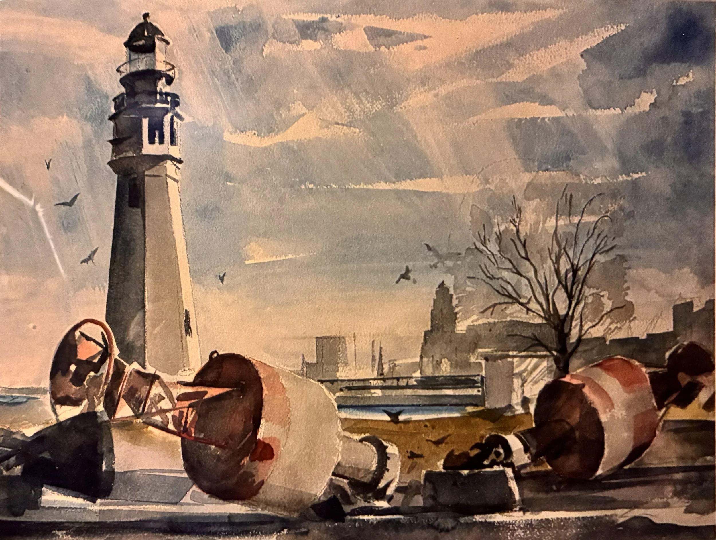 Hugh Laidman, Buffalo Lighthouse with Buoys, w/c
21x27, 850.00