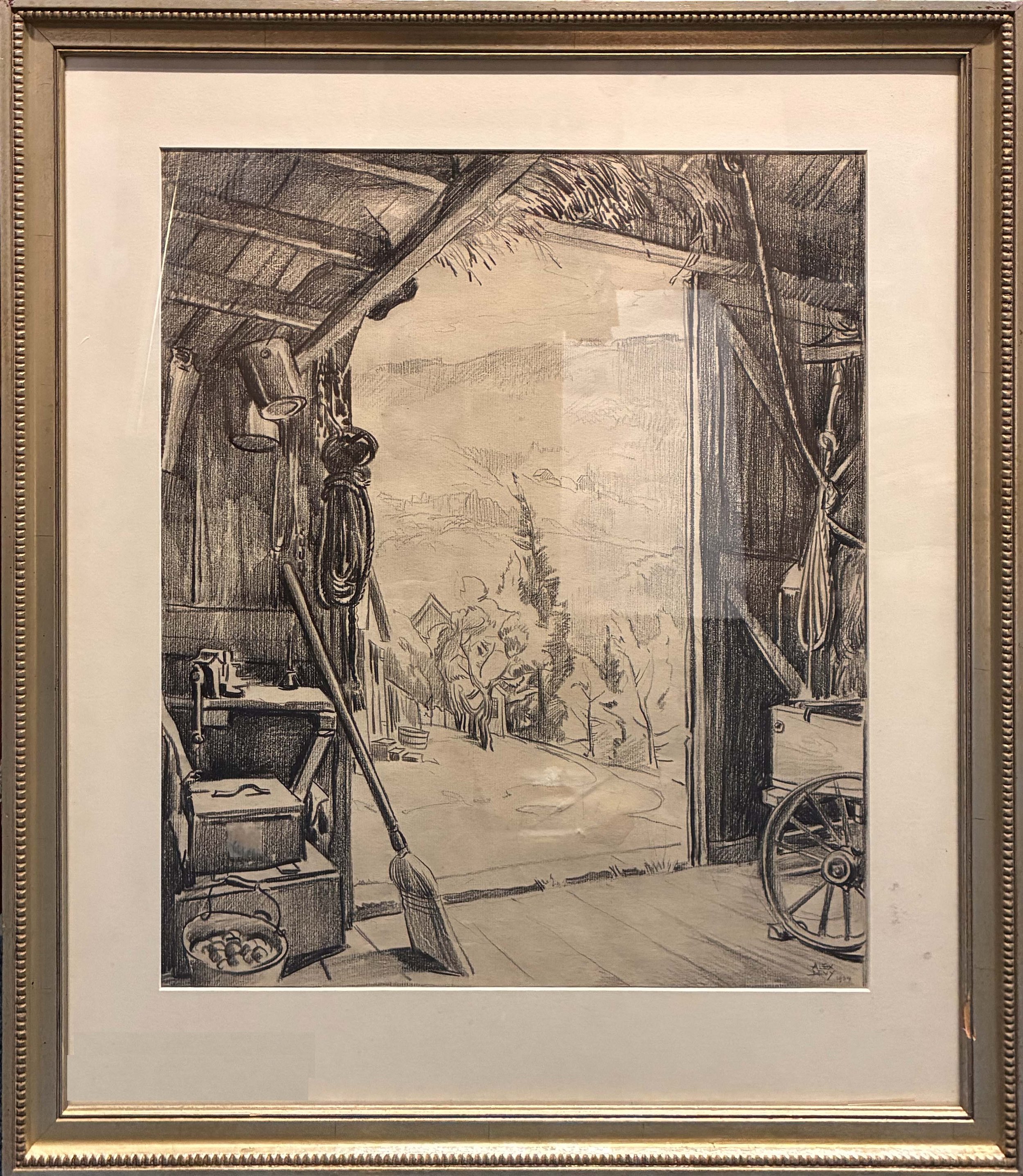 Alex Levy, Interior Barn Scene, charcoal & graphite, 18x15, 850.00