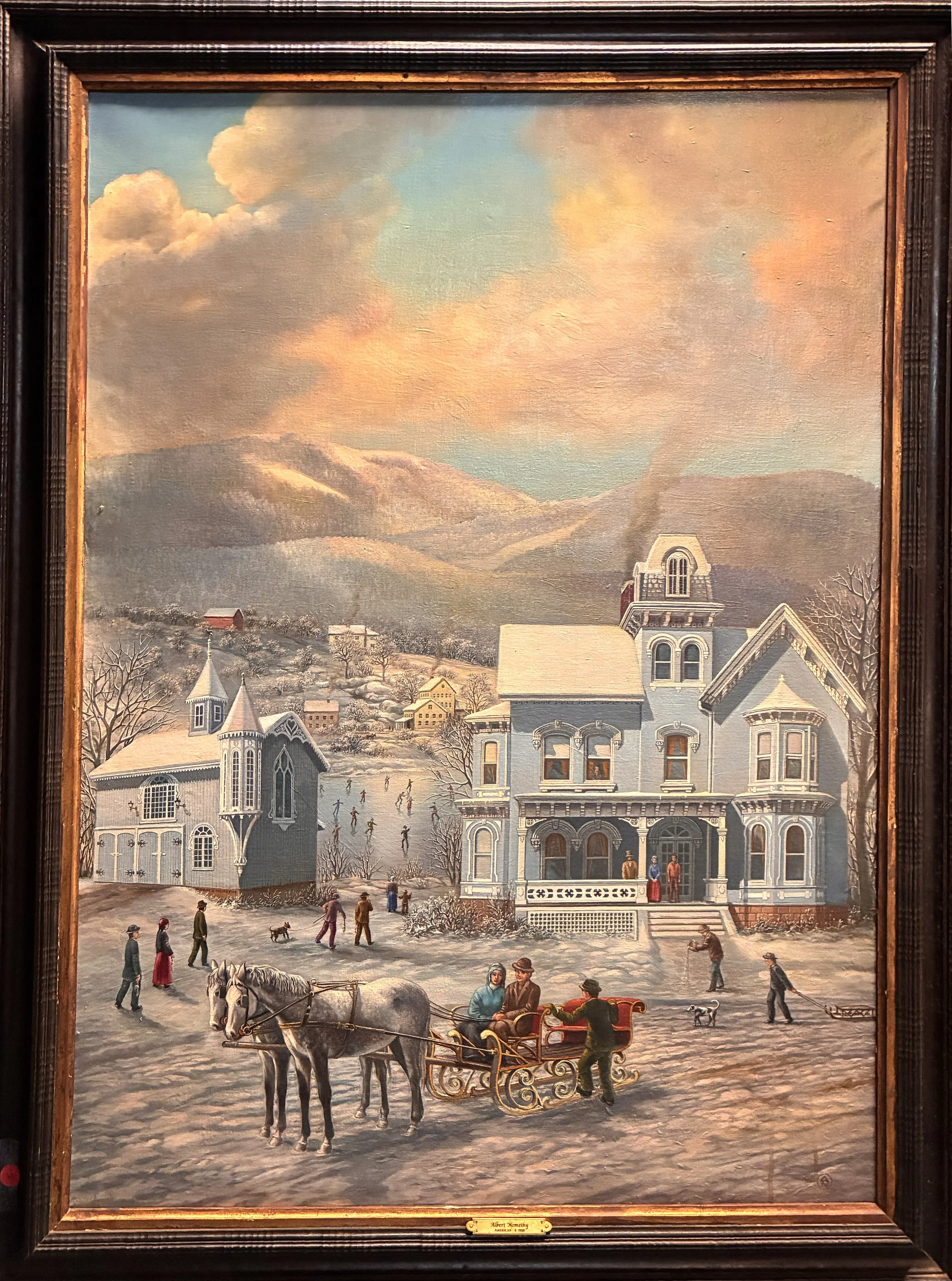 Albert Nemethy, Hudson Valley Artist, c. 1930’s, Victorian Scene with Sleigh, with great Dutch style frame, o/c, 39x28, 1500.00 