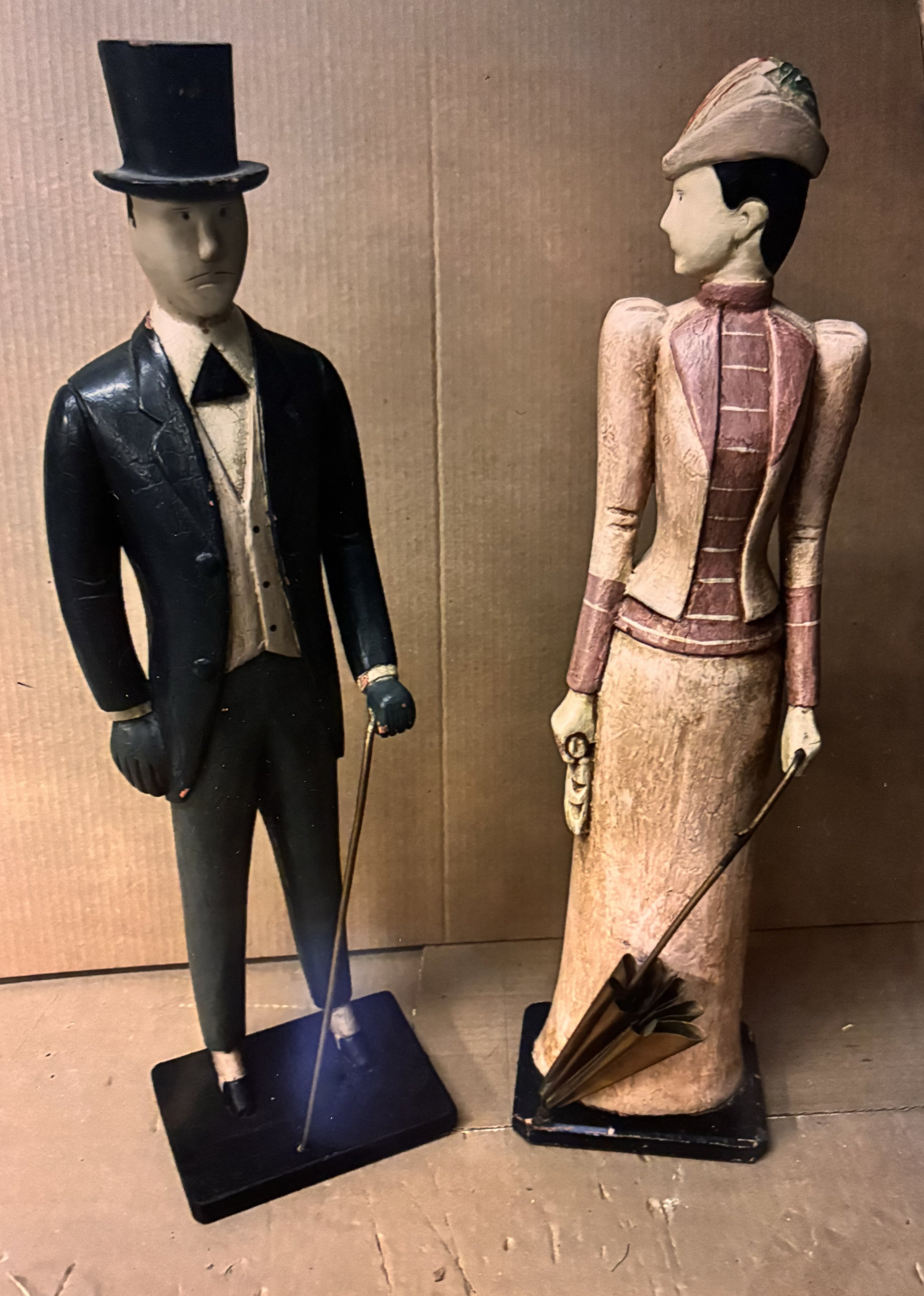 Outstanding pair Folk Husband & Wife, carved & painted figures, c. 1920’s, 24” H, 1200.00