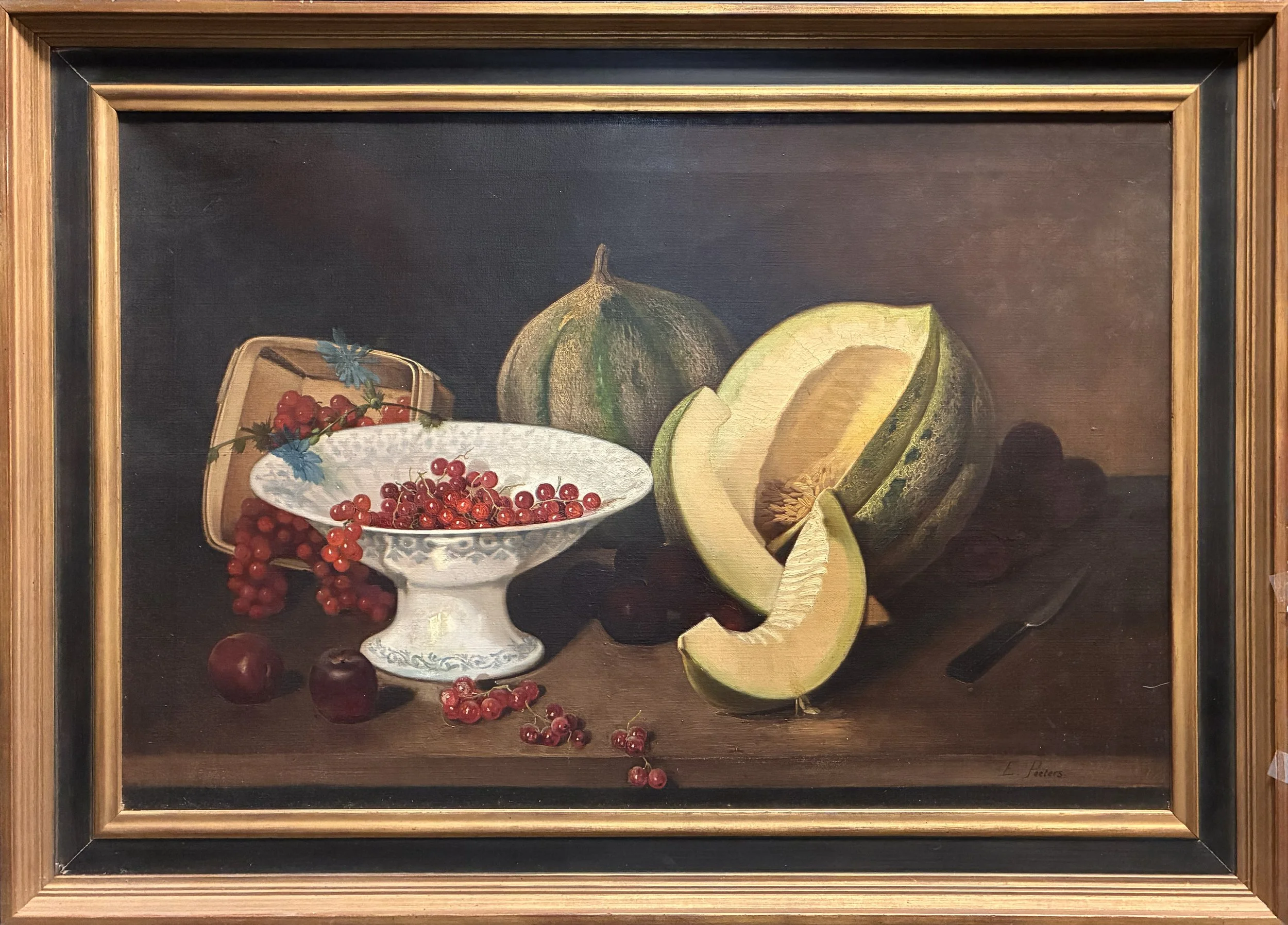 E. Peeters, signed, Amer, c. 1890, Fruit Still Life with Cantaloupe, o/c, 19x29, 1300.00