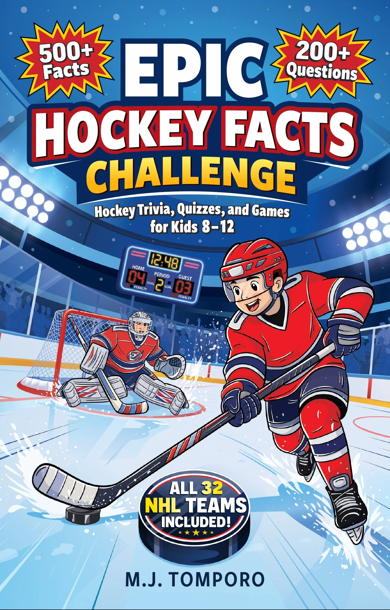 Cover of a children's book titled 'Epic Hockey Facts Challenge' featuring cartoon hockey players on ice, a scoreboard, and text highlighting facts and questions about NHL teams.