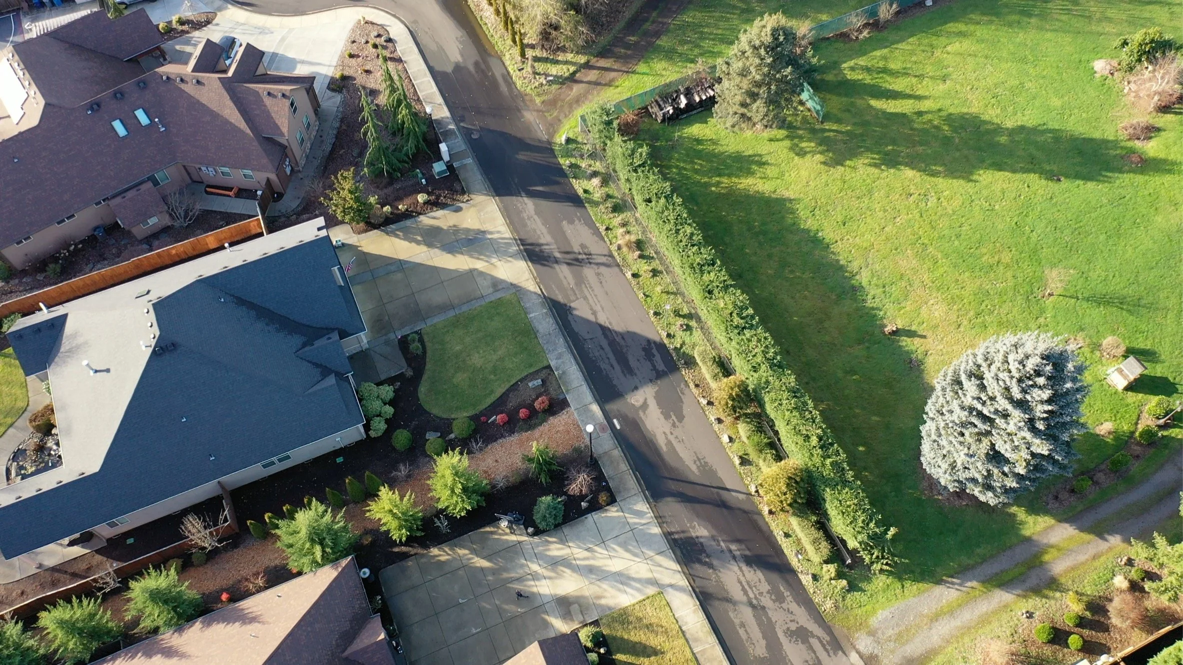 An aerial view of residential houses, a street, and a large green park with trees and a walking path.