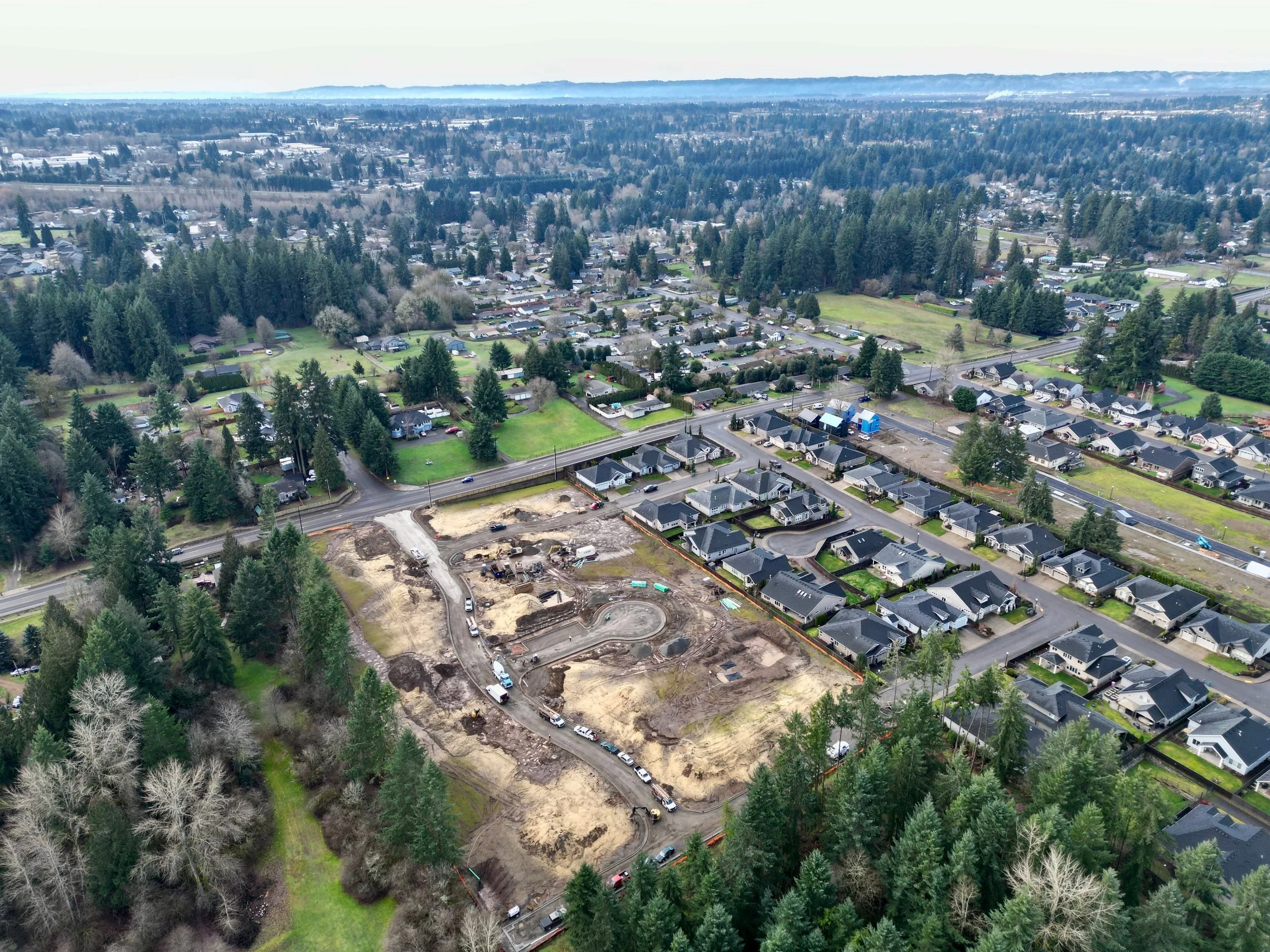 Aerial view of a suburban neighborhood with a construction site in the foreground, surrounded by trees and houses.