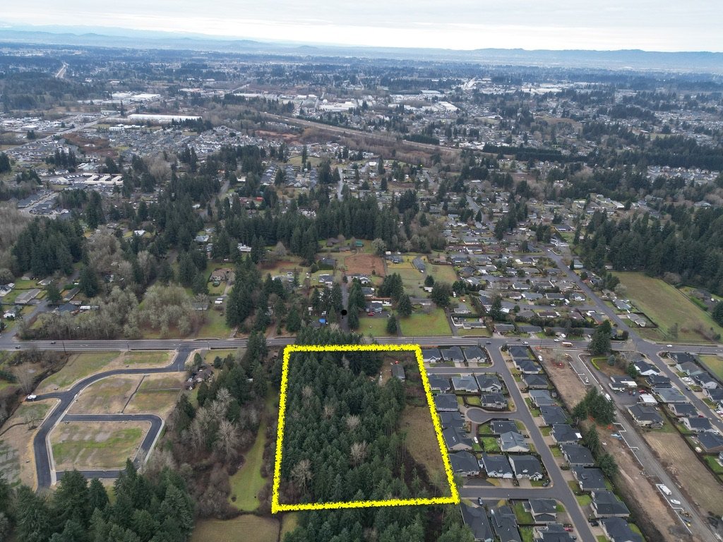 Aerial view of a residential neighborhood with a wooded area outlined in yellow, surrounded by houses and streets.