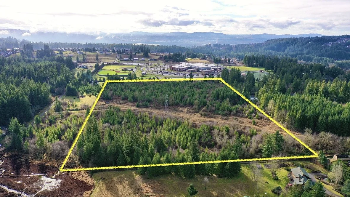 A large plot of land outlined with yellow lines, densely populated with trees, in a rural area with scattered houses and buildings, surrounded by forests and hills in the background.