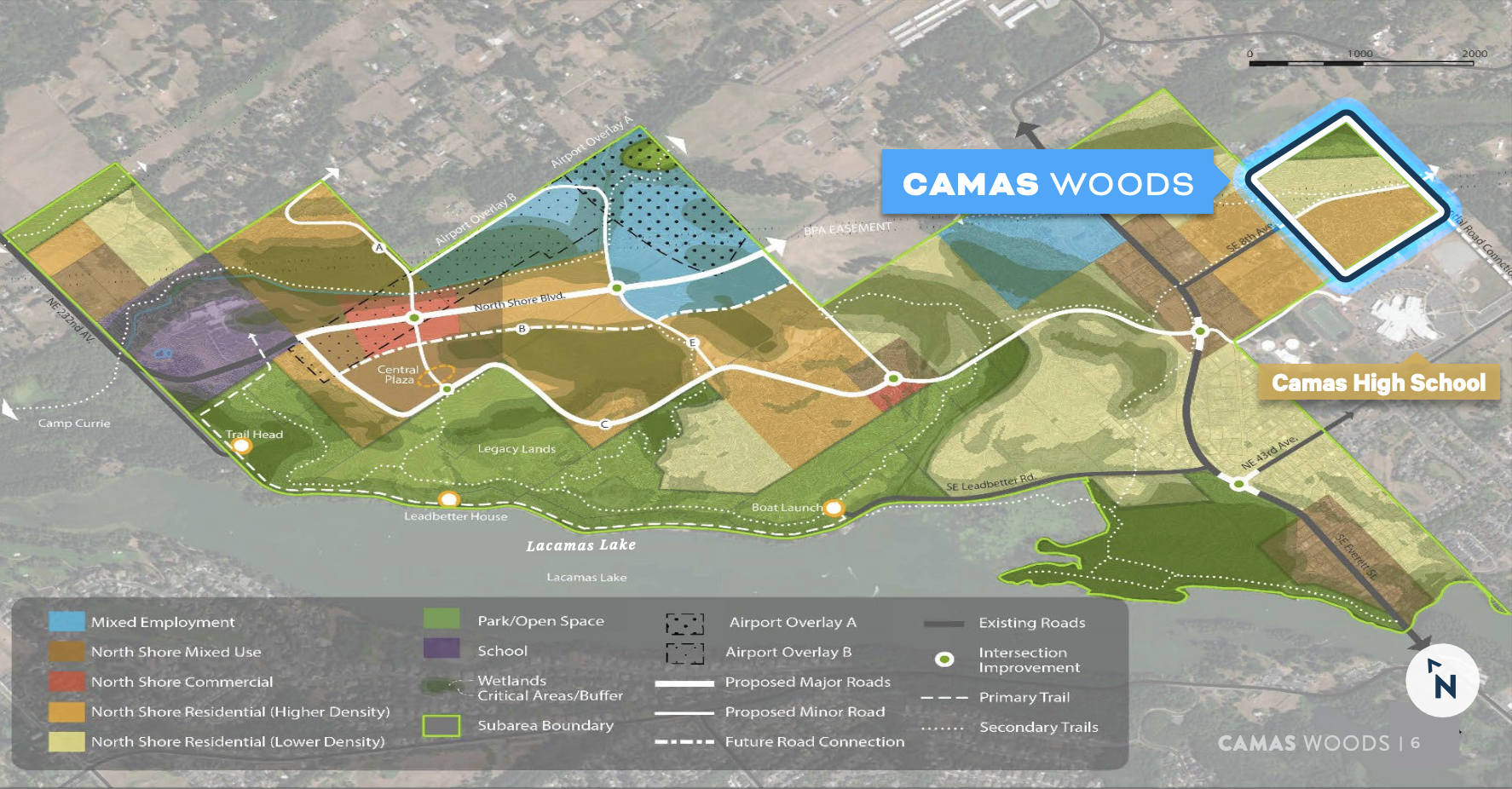 A detailed development plan map of Camas Woods, showing land use zones including mixed employment, commercial, residential, and open space, with roads, trails, buffers, wetlands, school, and key landmarks along Lacamas Lake, with a legend and north a