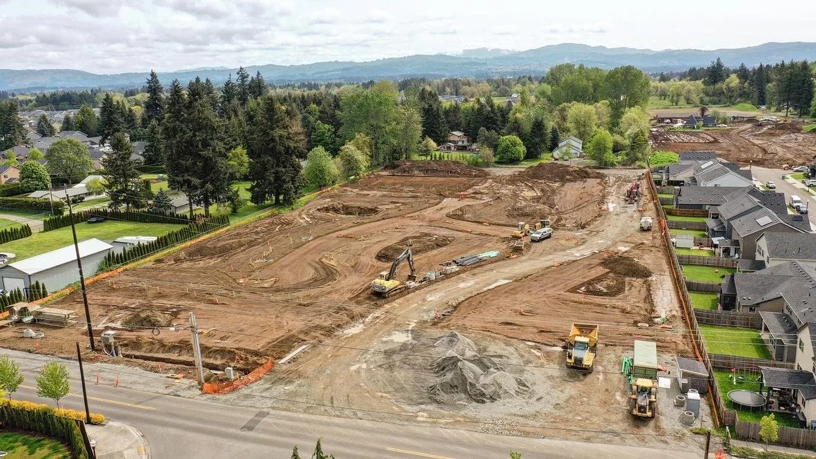Construction site with excavators and dirt piles, surrounded by residential houses and green trees, with mountains in the distance.