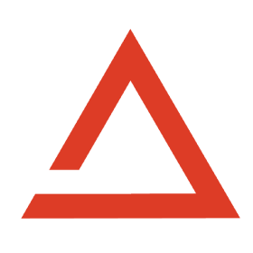 A stylized triangular logo with red and black colors