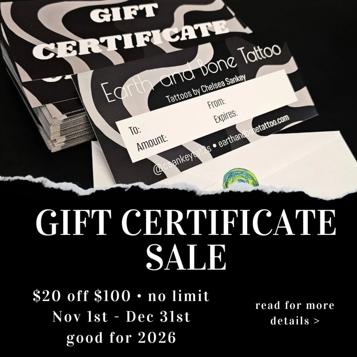 ✿ GIFT CERTIFICATE SALE ✿

&bull; NOV 1st - DEC 31st&bull; 

$20 off $100
no amount limit
good for 2026
can be purchased for yourself or someone else
gift certificate holders have priority during booking rounds
free shipping through USPS

$50 gc = $4