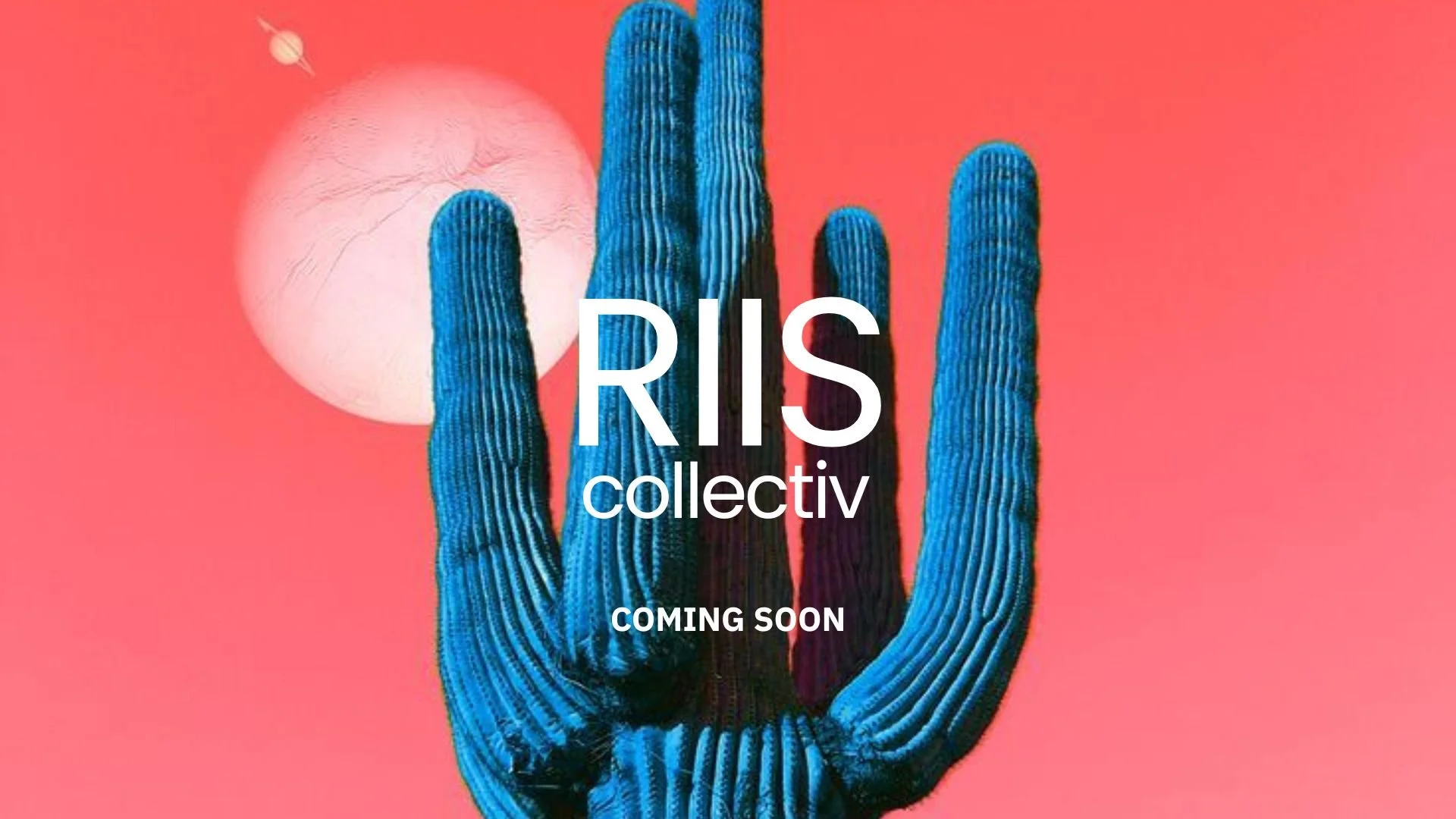 A blue, textured, clay-like hand holding up three fingers against a pink background with a white circular shape and a smaller celestial object in the top left corner. Overlaid text reads 'RIIS collectiv' and 'COMING SOON'.