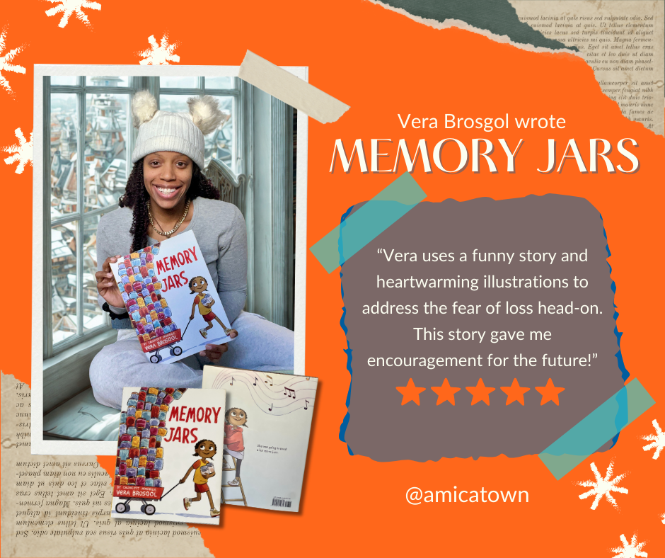 Jezreel Smith is holding a copy of Memory Jars by Vera Brosgol.