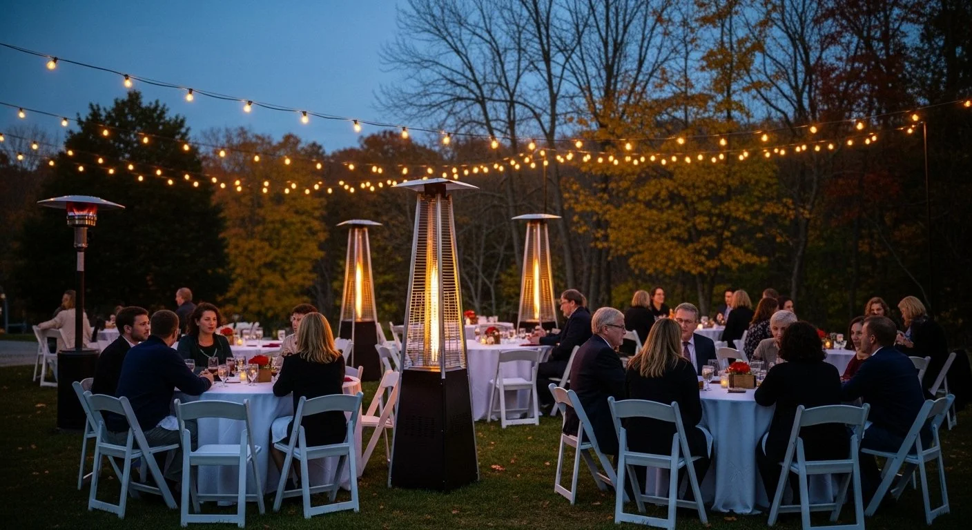 People gathered around tables at an outdoor dinner party during evening with string lights and patio heaters