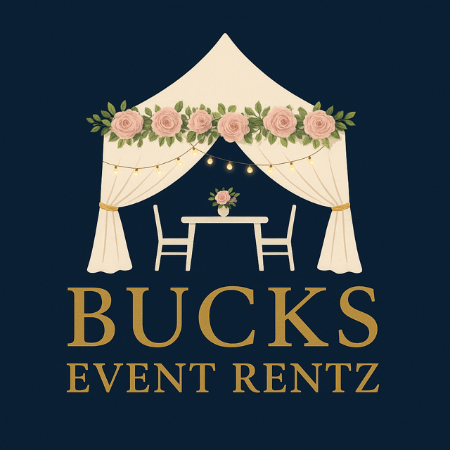 Logo for Bucks Event Rentz with illustration of a white event tent decorated with pink roses and string lights, with a table and two chairs inside