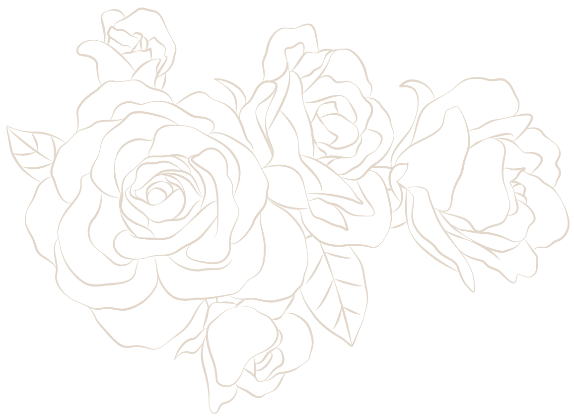 Line drawing of four roses with leaves