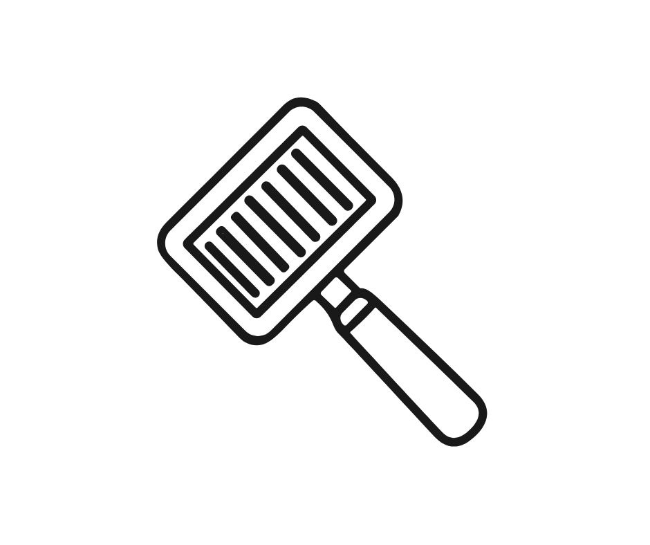 Line drawing of a meat tenderizer with a rectangular textured surface.