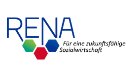 Logo mit dem Text 'RENA Für eine zukunftsfähige Sozialwirtschaft' in blauer Schrift und farbigen Hexagon-Formen.