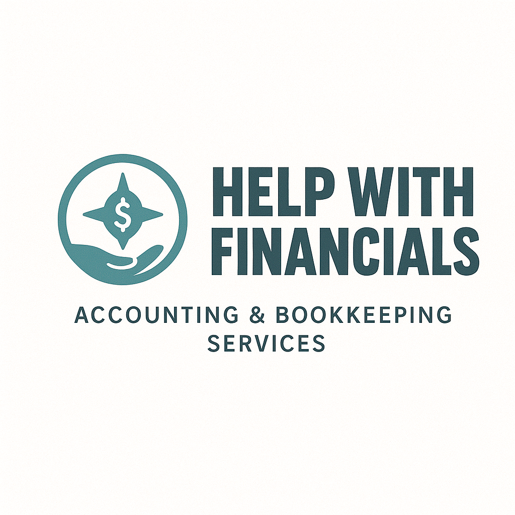 Logo for Help with Financials, accounting and bookkeeping services, featuring a dollar sign in a compass-like symbol with a hand.