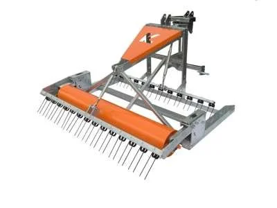 Knegt tractor, Agricultural seed planter with orange and silver components and multiple seed tubes.