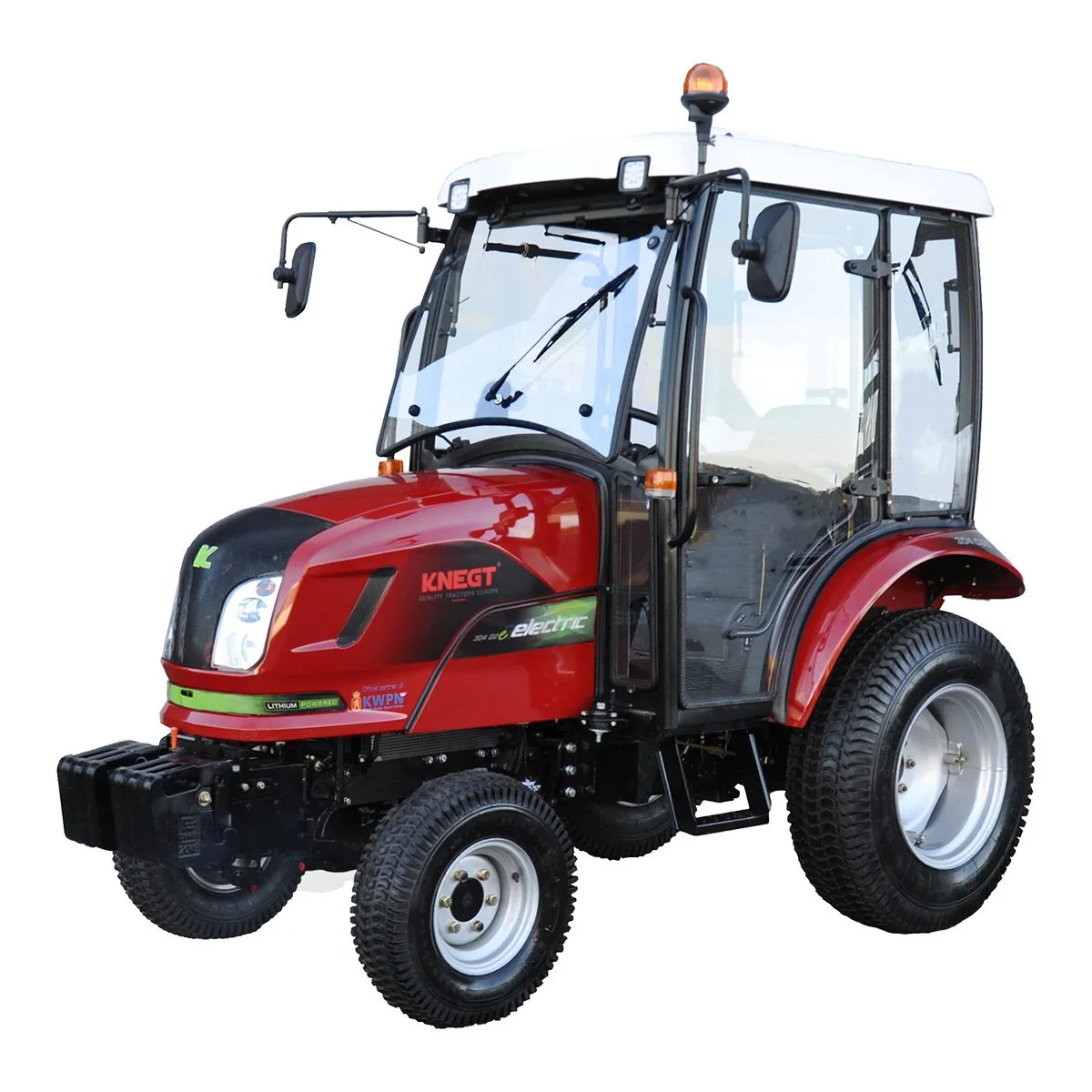 A red KNECT electric utility tractor with a glass enclosed cabin and large rear tires, set against a plain white background.