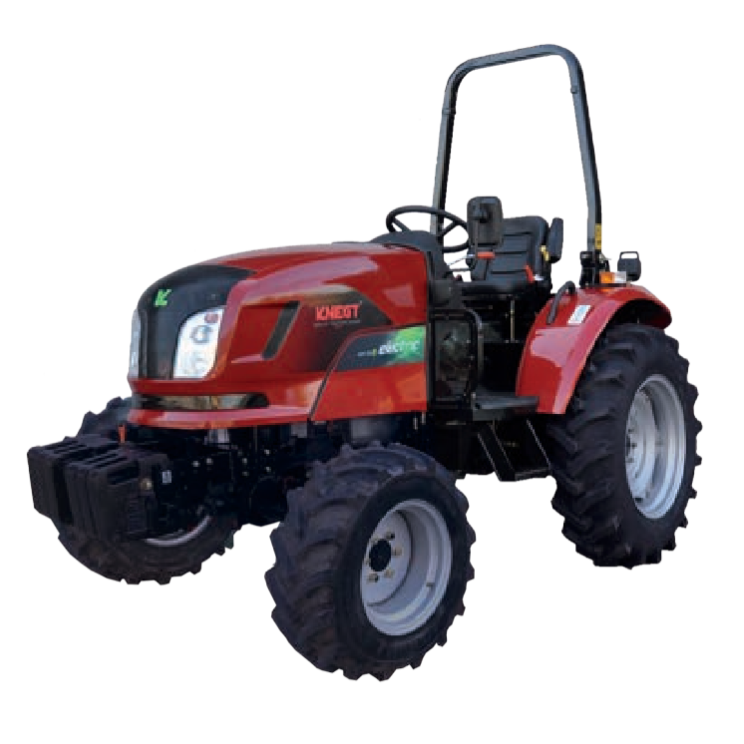 Knegt Tractor, Red farm tractor with large black tires and enclosed operator seat