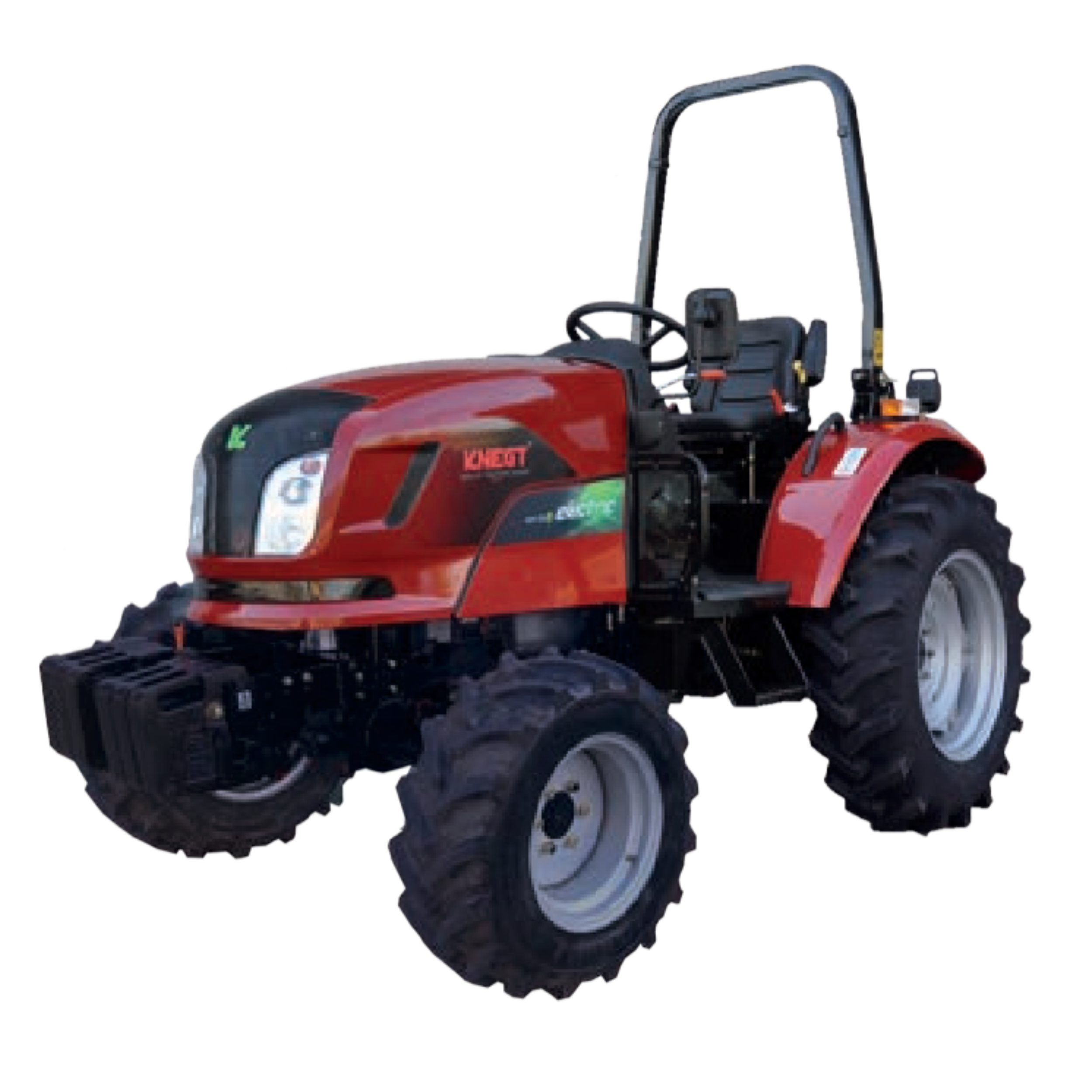 Knegt Tractor, Red tractor with large rear tires and enclosed driver's seat, isolated on transparent background.