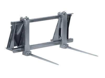A forklift attachment with extended metal prongs and a rectangular frame.