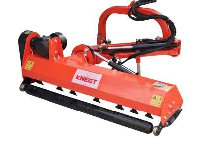 Knegt tractor , Red agricultural mower with hydraulic hoses and a black cutting blade, labeled KNEGT.
