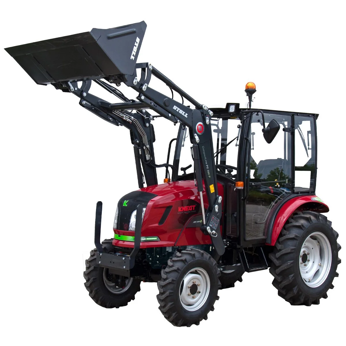 Knegt Tractor, Red tractor with a front loading attachment and enclosed cabin isolated on white background. 