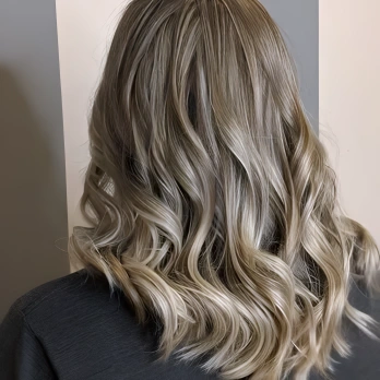 Back view of a woman with shoulder-length, wavy, blonde hair.