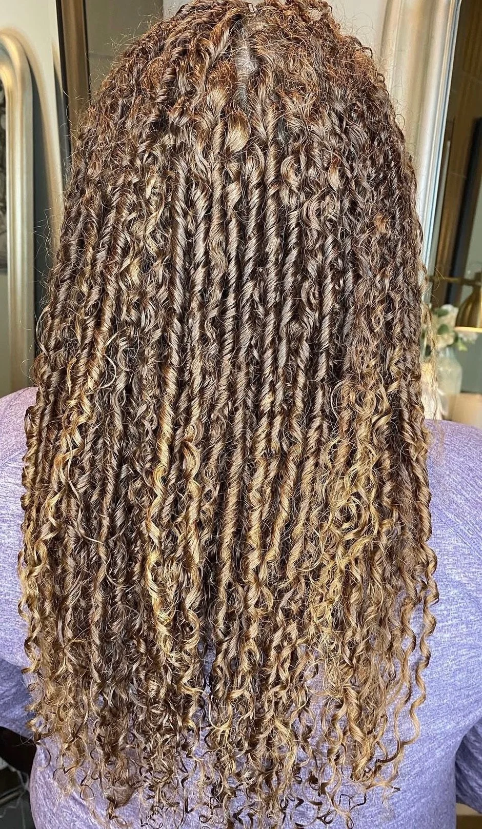 Back view of a person with long, tight, curly hair with highlights.
