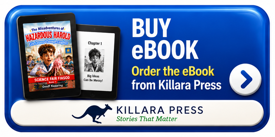 Blue digital ad banner promoting eBooks from Killara Press, featuring a tablet displaying a children's book titled 'The Misadventures of Hazardous Harold.'