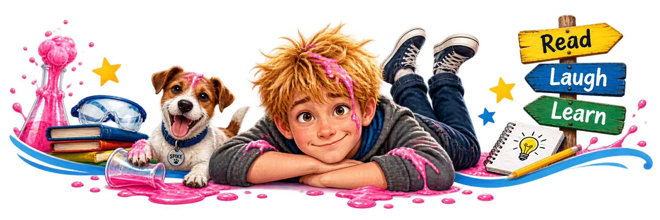 A young boy with messy orange hair lying on the floor with pink slime on his face and arms, smiling. Beside him is a happy dog with a white coat and brown patches, wearing a blue collar with a tag. The scene is filled with colorful books, a pink test tube, goggles, scribbled notes, a pencil, and a signpost with colorful arrows reading 'Read,' 'Laugh,' and 'Learn.' There are yellow and blue stars and splashes of slime in the background.
