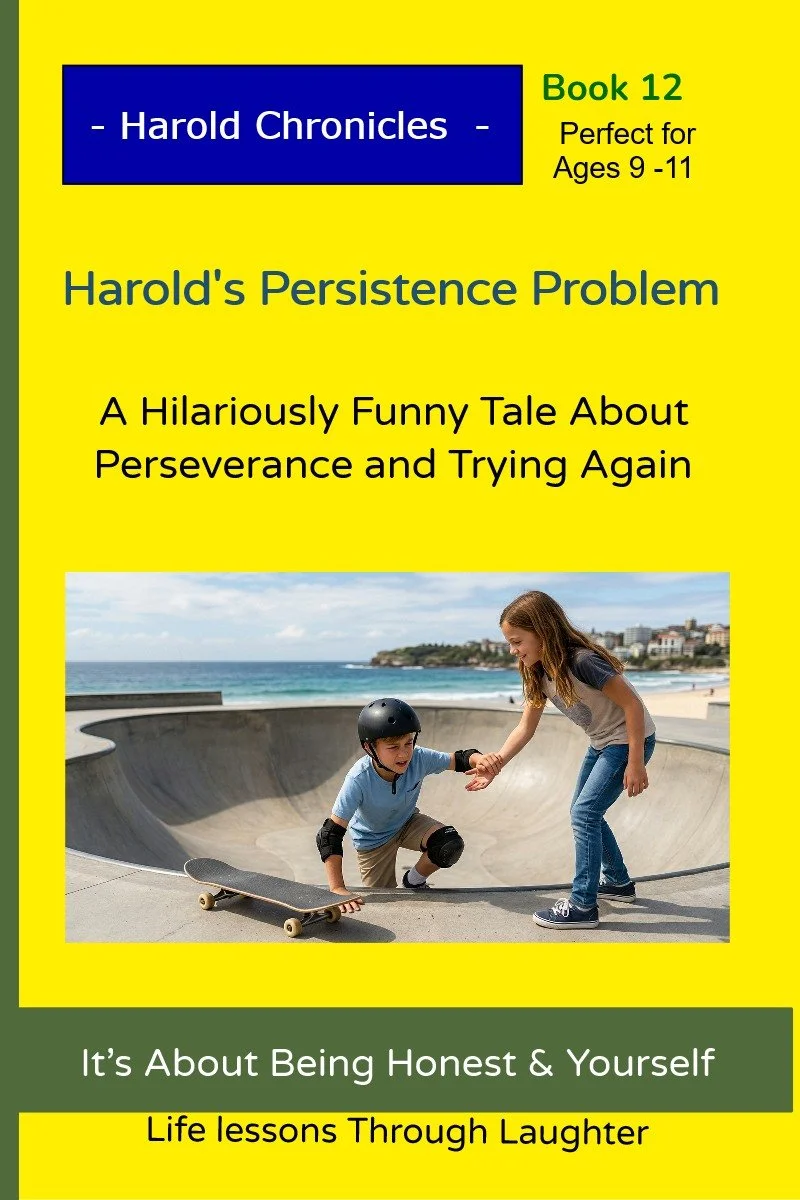 Harold tries skateboarding again with a determined expression while a friend offers help.