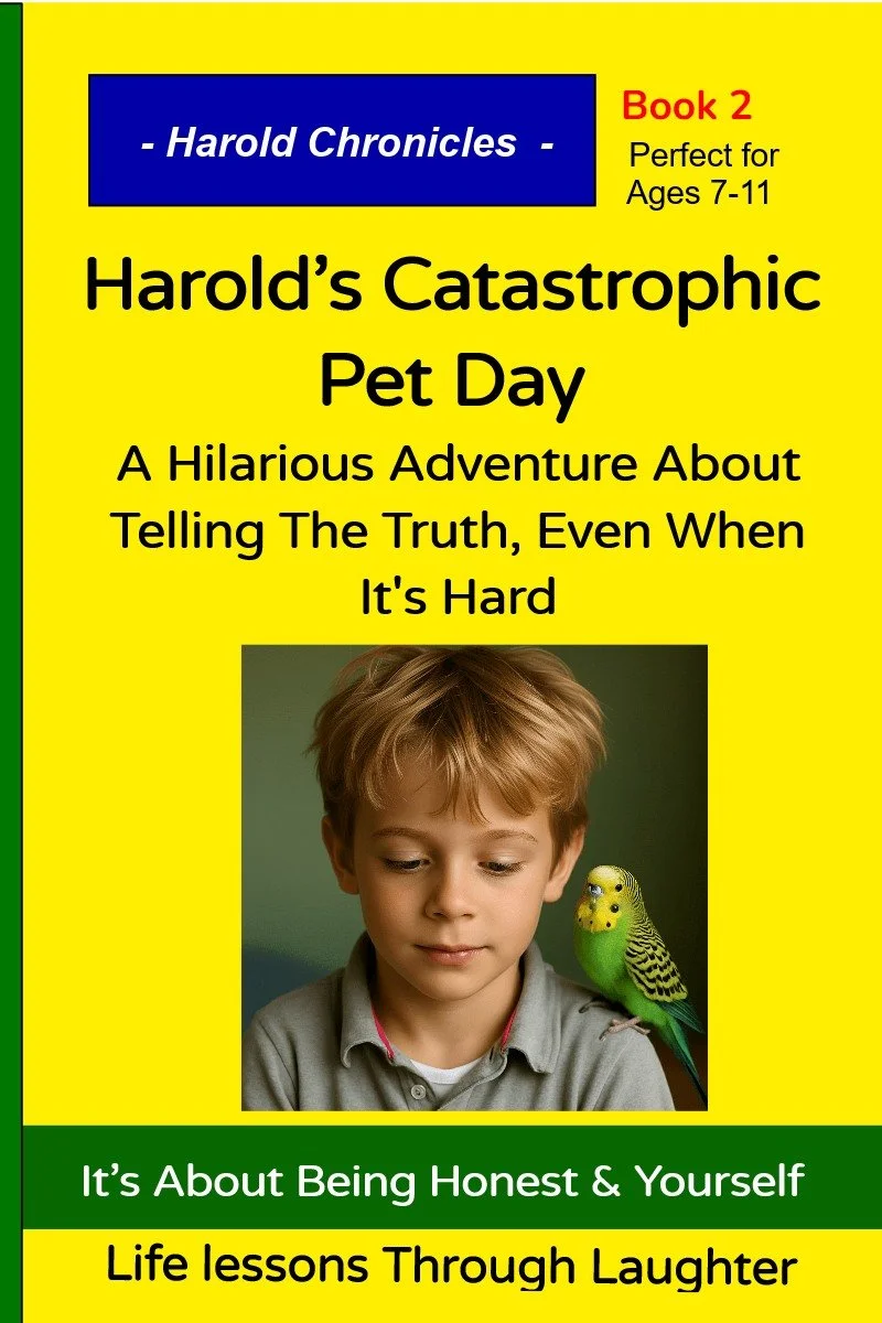 Book cover titled "Harold's Catastrophic Pet Day" with a young boy and a green bird on his shoulder, yellow background, and text about honesty, laughter, and life lessons.
