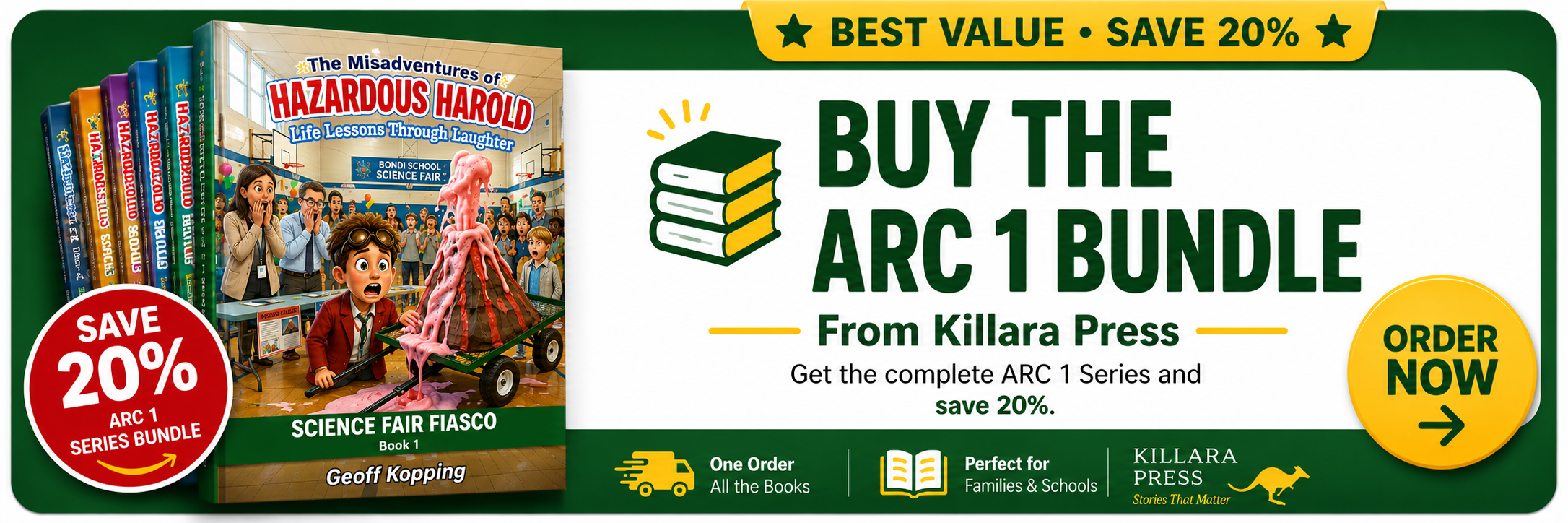 Advertisement for the ARC 1 series bundle of children's books by Killara Press, featuring a colorful comic-style background and a science fair scene with melting volcano model, children, and teachers, highlighting a 20% discount and ordering options.