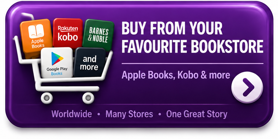 A purple digital advertisement promoting purchasing books from favorite bookstores, including Apple Books, Kobo, Barnes & Noble, Google Play Books, and others, with a shopping cart icon and a purple arrow button.