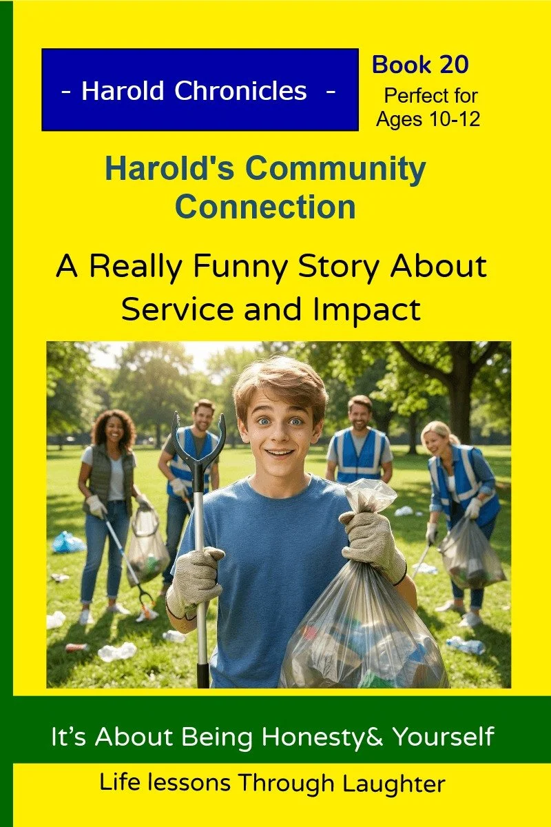 Harold helps clean up a park and looks proud to contribute to the community.
