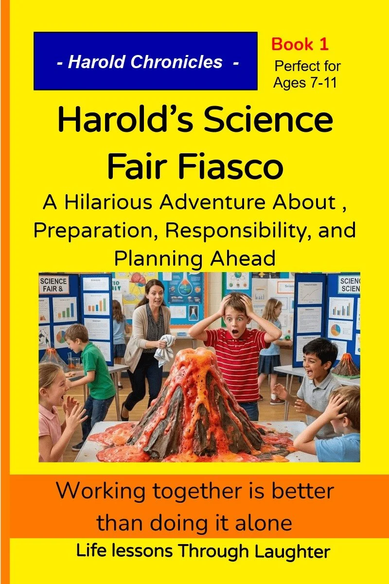 Harold’s science fair volcano overflows with foamy lava as classmates and a teacher react.