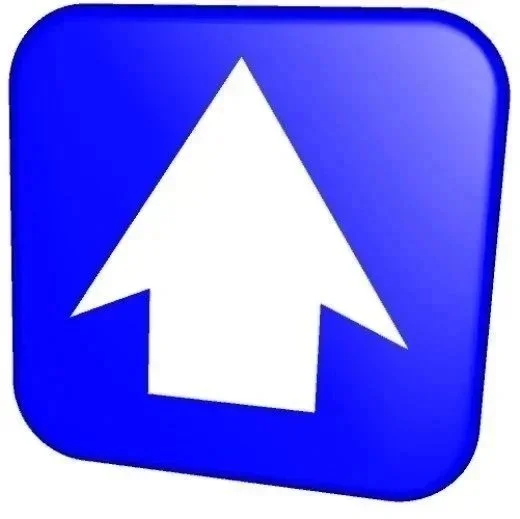 Blue square road sign with a white upward arrow. To Top|Back