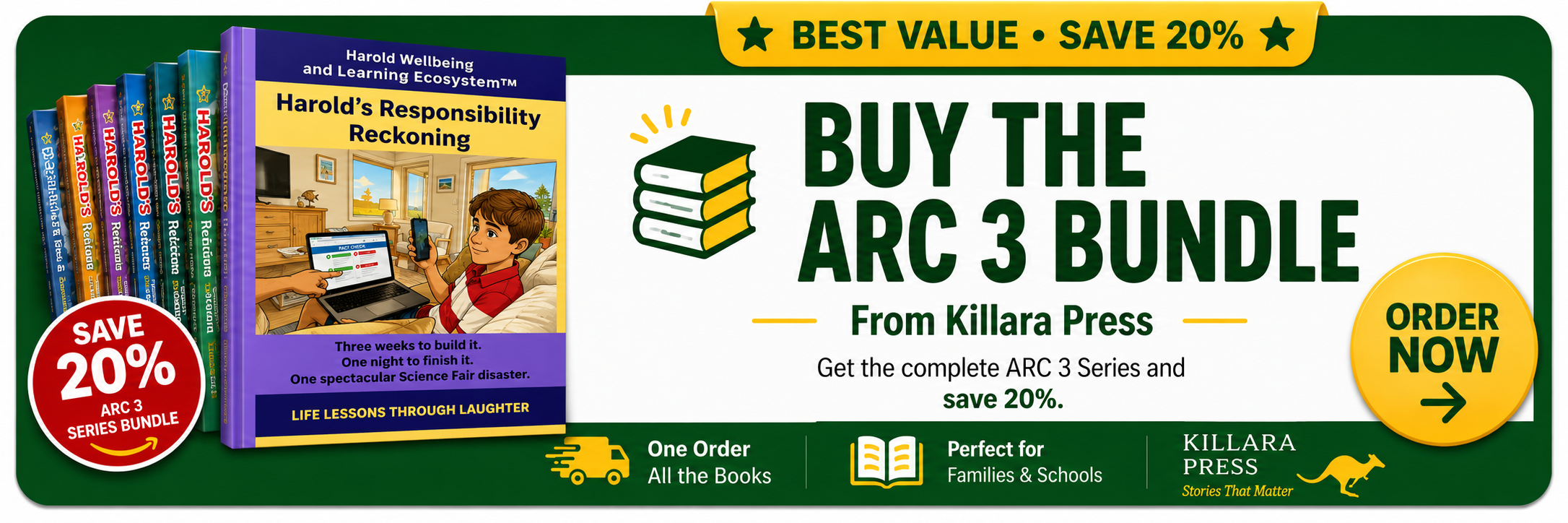 An advertisement for a book bundle deal from Killara Press, featuring the ARC 3 series by Harold Wellbeing. The ad highlights a 20% discount, includes a graphic of books, a yellow "Order Now" button with an arrow, and text promoting the benefits of buying the complete series for families and schools.