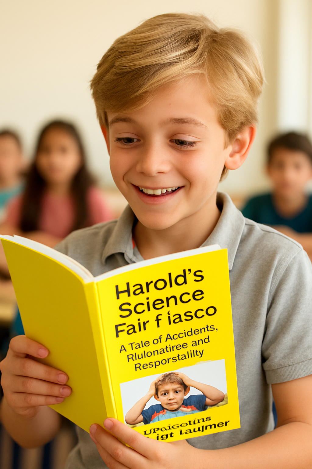 A young boy with blond hair smiling while reading a yellow book titled 'Harold's Science Fair Fiasco: A Tale of Accidents, Riltonairee and Resportailty' in a classroom, with other children blurred in the background.