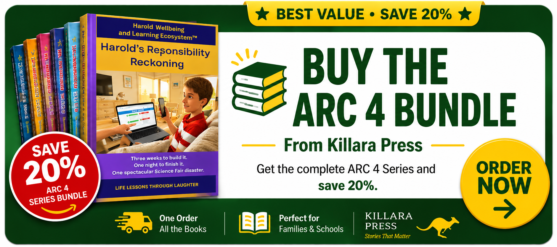 Advertisement for a book bundle from Killara Press, promoting the ARC 4 series with a 20% discount. Contains images of colorful books, a young boy using a tablet and laptop, and prominent discount and order call-to-action buttons.