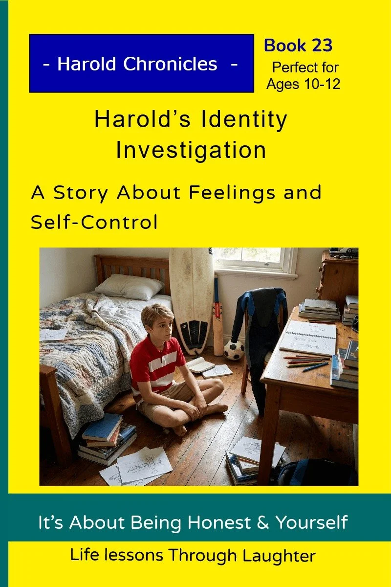 Harold sits surrounded by hobbies, thinking about who he wants to be.