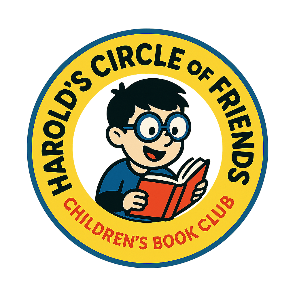 Illustration of a boy with glasses reading a book, enclosed by a yellow circle with black text that says "Harold's Circle of Friends" and red text that says "Children's Book Club."